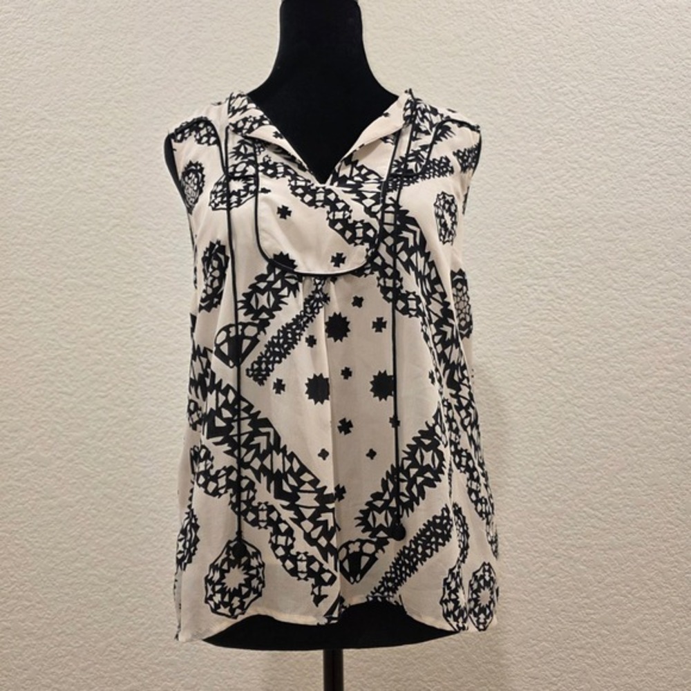 Anthropologie Silk Sleeveless Blouse Black Cream Geometric Print Sz 4 Boho Chic